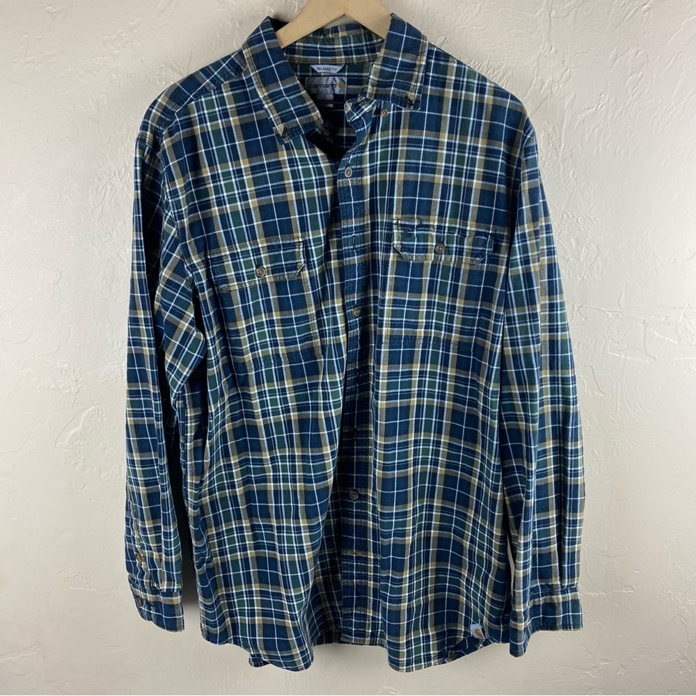 Carhartt Blue Plaid Cotton Button Front Shirt Relaxed Fit Men’s size XL Tall